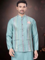 Sky Blue Pure SIlk Readymade Kurta Pajama With Jacket